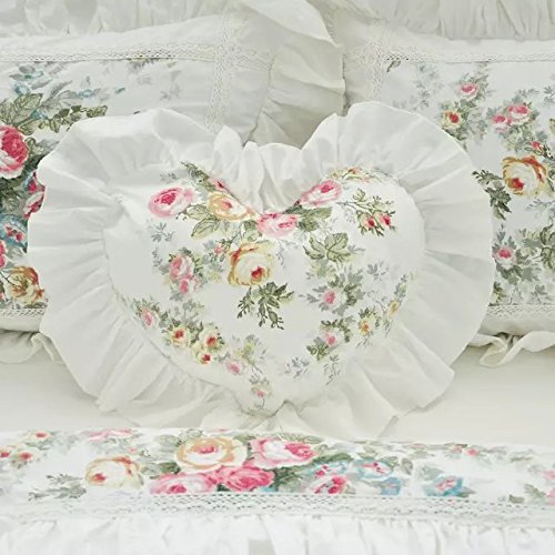 LELVA Floral Ruffle Design Decoration Pillow Heart Throw Pillow Sham Cushion Bed Shaped Sofa Pillows White