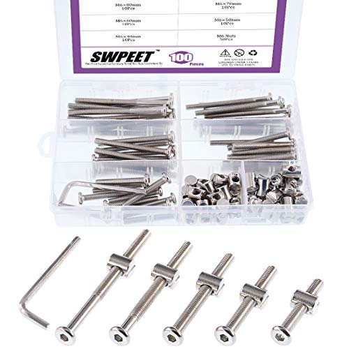 Swpeet 100Pcs Crib Hardware Screws, Nicked Plated M6 × 40/50/60/70/80mm Hex Socket Head Cap Crib Baby Bed Bolt and Barrel Nuts with 1 x Allen Wrench Perfect for Furniture, Cots, Crib Screws