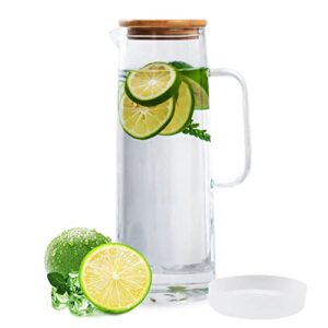 hjn glass water pitcher with wood lid water carafe with handle - fridge glass jug for hot/cold water & iced tea beverage, juice,milk-1500ml /1.5liters…