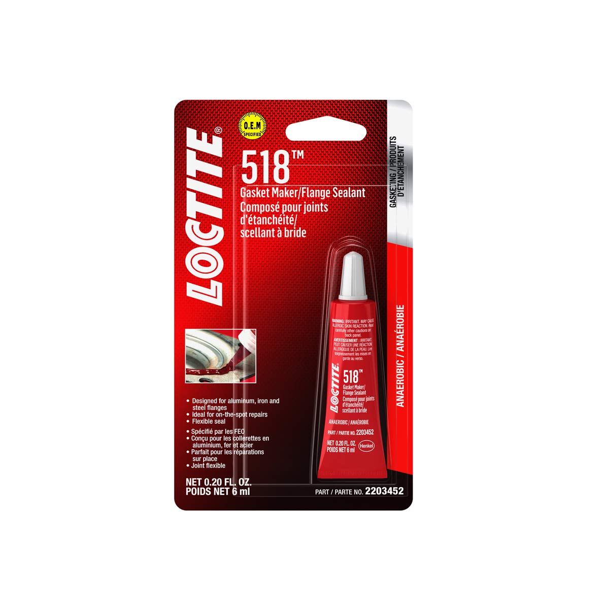 LOCTITE 518 Gasket Maker & Flange Sealant for Automotive: Anaerobic, Medium-Strength, Non-Corrosive, Flexes with Movement, Solvent-Resistant | Red, 6 ml Tube (PN: 2203452-2096064)