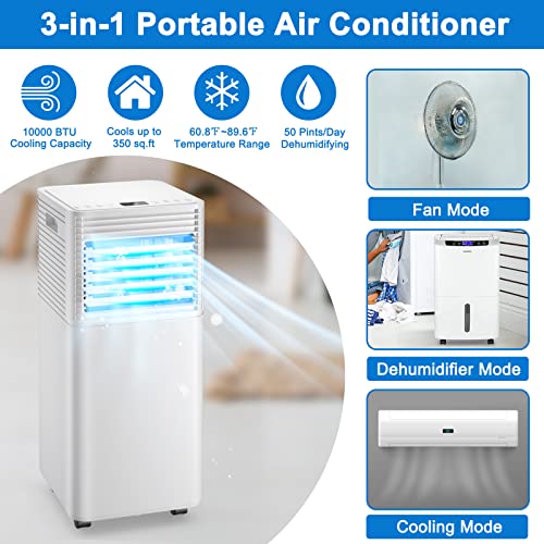 COSTWAY 10000 BTU Portable Air Conditioner with Remote Control, Energy Efficient for Rooms Up to 400 Sq. Ft, Cooling, Dehumidifying, 3 Fan Speed Settings, Clear LED Display, White-Update