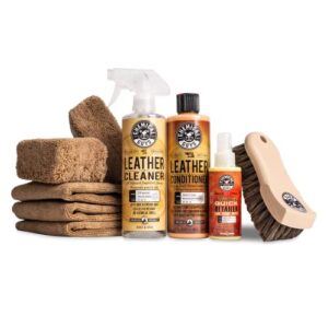 chemical guys hol303 leather cleaner and conditioner detailing kit, for interiors, leather, apparel, furniture, boots, and more (works on natural, synthetic, pleather, faux leather and more), 9 items