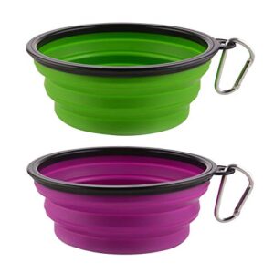 large collapsible dog bowls, 34oz portable foldable travel water bowl food dishes with carabiner clip for traveling, hiking, walking, 2 pack (purple+green)