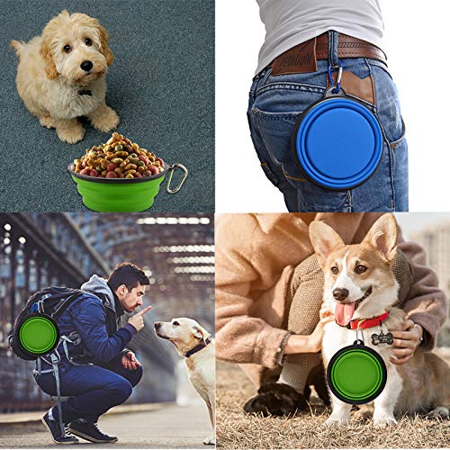 Large Collapsible Dog Bowls, 34oz Portable Foldable Travel Water Bowl Food Dishes with Carabiner Clip for Traveling, Hiking, Walking, 2 Pack (Purple+Green)