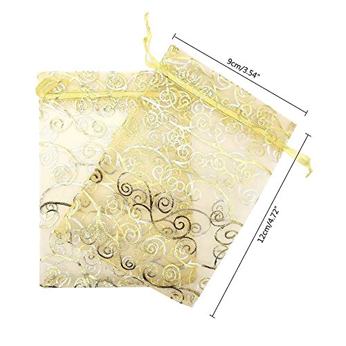 Onwon 50 PCS/set Party Wedding Favor Gifts Bags, Luxury Jewelry Candy Gift Bags, Champagne Drawstring Pouches, Velvet Drawstring Pouches, Gold Line Drawstring Sheer Organza