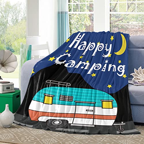 SUN-Shine Super Soft Lightweight Throw Blankets Cozy Warm Microfiber Blanket for Bed Couch Chair Camping Travel All Seasons Daily Use Living Room Bedroom,Happy Camping Night Camper Sky Moon and Stars