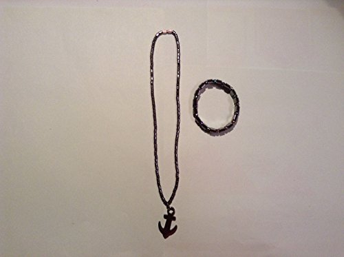 16 ' HEMATITE BEAD CHOKER NECKLACE ANCHOR PENDANT & ADJUSTABLE HEMATITE BRACELET