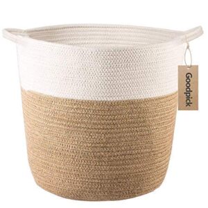 goodpick cotton rope storage basket, woven round basket with handles for toys, blanket, shoes, large jute wicker plant basket for living room, entryway, 16.0 x15.0 x12.6 inches
