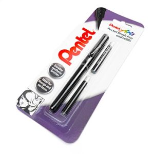 Pentel Refillable Pocket Brush Pen - with 2 Gray Ink Cartridges - Black Barrel