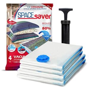 variety 4 pack | spacesaver vacuum storage bags save 80% on clothes storage space - vacuum sealer bags for comforters, blankets, bedding, clothing - compression seal for closet storage - pump for travel (2 large and 2 jumbo bags)
