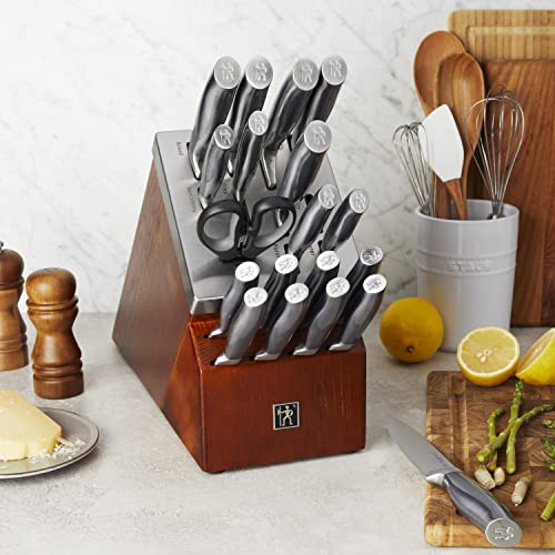 HENCKELS Graphite 20-pc Self-Sharpening Knife Set with Block, Chef Knife, Paring Knife, Utility Knife, Bread Knife, Steak Knife, Brown, Stainless Steel