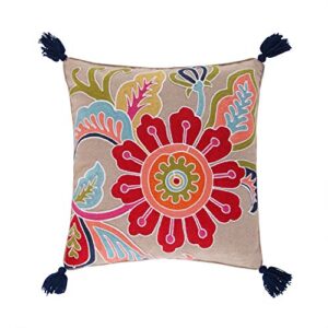 levtex home - jules - decorative pillow (18x18 in.) - crewel flower - orange, yellow, blue, red, teal