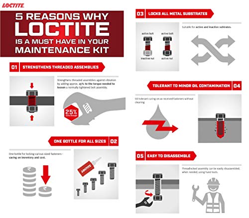 LOCTITE 263 Threadlocker for Automotive: High-Strength, Oil Tolerant, High-Temperature, Fluorescent, Anaerobic, Heavy Duty Applications | Red, 6 ml Tube (PN: 2203451)