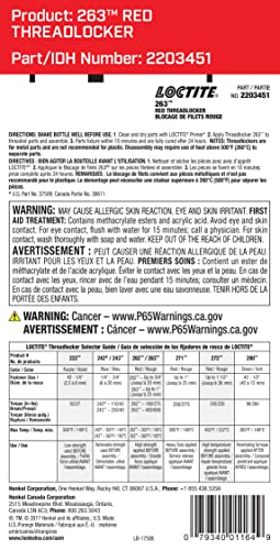 LOCTITE 263 Threadlocker for Automotive: High-Strength, Oil Tolerant, High-Temperature, Fluorescent, Anaerobic, Heavy Duty Applications | Red, 6 ml Tube (PN: 2203451)
