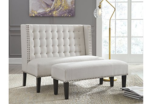 Signature Design by Ashley Beauland Contemporary Upholstered Accent Bench with Nailhead Trim, Beige