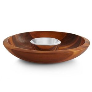 nambe eclipse chip & dip set | made of acacia wood | inner bowl made of metal alloy | chill or heat to serve dip | measures 16-inches | designed by steve cozzolino