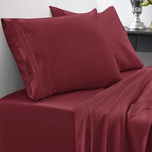 Split King Sheets - Breathable Luxury Sheets with Full Elastic & Secure Corner Straps Built In - 1800 Supreme Collection Extra Soft Deep Pocket Bedding Set, Sheet Set, Split King Size, Burgundy