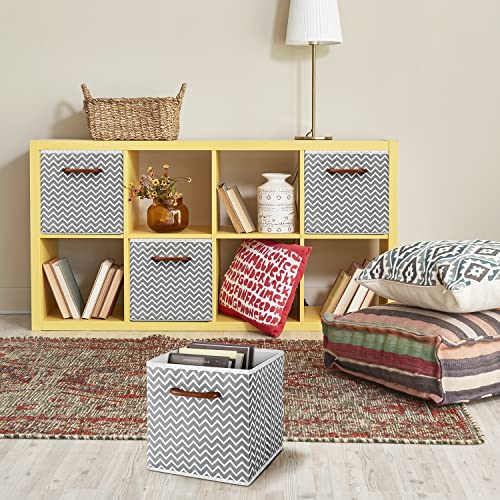 MaidMAX Cloth Storage Bins Cubes Baskets Containers with Wooden Handle for Home Closet Bedroom Drawers Organizers, Foldable, Gray Chevron, Set of 6