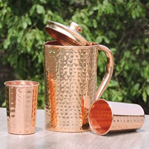 Ancient Impex Pure Copper Hammered Pitcher with Two Copper Mugs for Storing and Drinking Water | Ayurvedic Pure Copper Hammered Jug Capacity 57.48 fl oz. with Matching Lid and Two Matching Cups