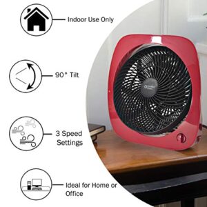 Comfort Zone CZ110RD 10" 3-Speed Square Turbo Desk Fan with 180-Degree Adjustable Tilt Head, Red
