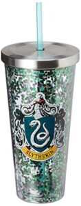spoontiques - harry potter tumbler - slytherin glitter cup with straw - 20 oz - acrylic - green