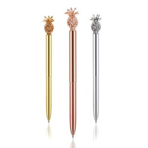 PASISIBICK Pineapple Pens,Bling Stainless Steel Retractable Metal Ballpoint Pens for Office Supplies, Black Ink(3 PCS)