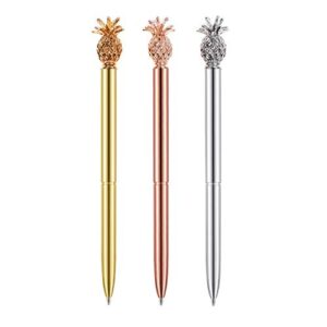 PASISIBICK Pineapple Pens,Bling Stainless Steel Retractable Metal Ballpoint Pens for Office Supplies, Black Ink(3 PCS)