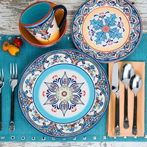 Euro Ceramica Zanzibar Collection Vibrant 16 Piece Oven Safe Stoneware Dinnerware Set, Service For 4, Spanish Floral Design, Multicolor