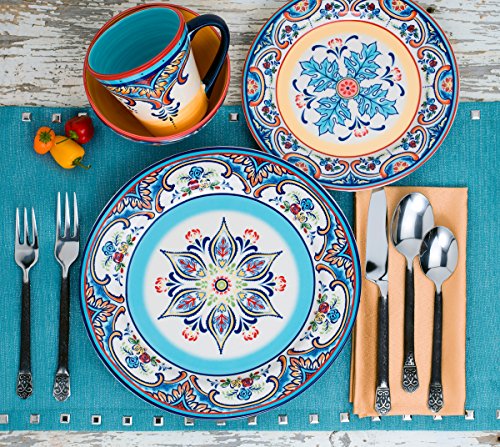 Euro Ceramica Zanzibar Collection Vibrant 16 Piece Oven Safe Stoneware Dinnerware Set, Service For 4, Spanish Floral Design, Multicolor