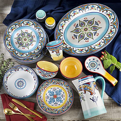 Euro Ceramica Zanzibar Collection Vibrant 16 Piece Oven Safe Stoneware Dinnerware Set, Service For 4, Spanish Floral Design, Multicolor