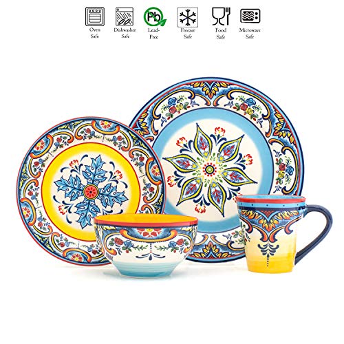 Euro Ceramica Zanzibar Collection Vibrant 16 Piece Oven Safe Stoneware Dinnerware Set, Service For 4, Spanish Floral Design, Multicolor