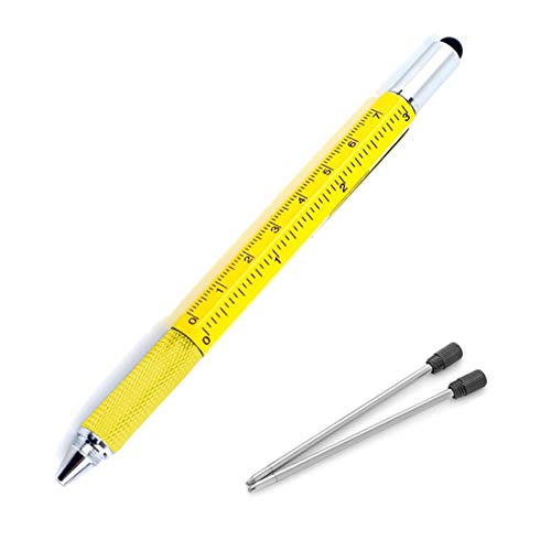 Multifunction Tool Pen, 6 in 1 Tool with Ballpoint Pen, Touch Screen Stylus, Ruler, Spirit Level, Flat-head and Phillips Screwdriver, All-in-One Tech-Tool Pen with Ink Refills (Yellow + 2×Refills)