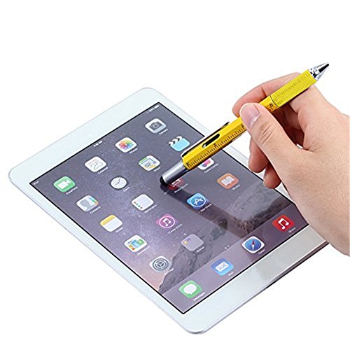 Multifunction Tool Pen, 6 in 1 Tool with Ballpoint Pen, Touch Screen Stylus, Ruler, Spirit Level, Flat-head and Phillips Screwdriver, All-in-One Tech-Tool Pen with Ink Refills (Yellow + 2×Refills)