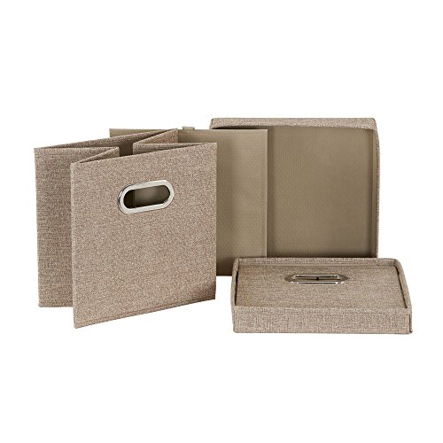 Household Essentials 802-1 Café Cube Bin Storage Set with Lids and Handles | 2 Pack, Brown Linen