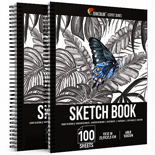 ZENACOLOR - Professional 200 Sheets Sketch Book 9"x12" with Spiral Bound and Hardback Cover - Pack of 2 - White Acid-Free Drawing Paper (100 g)