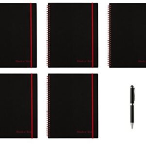 Black n' Red Twin Wire Poly Cover Notebook, 11" x 8-1/2", Black/Red, 70 Ruled Sheets. 5 Pack (K66652) - Bundle Includes Plexon Ballpoint Pen