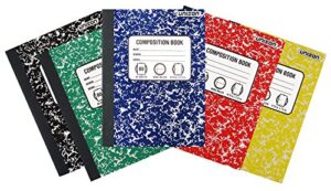 bundle of 5 wide ruled marbled composition notebooks; 1 of each color ;red, blue, green, yellow and black