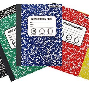 Bundle of 5 Wide Ruled Marbled Composition Notebooks; 1 of Each Color ;Red, Blue, Green, Yellow and Black