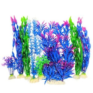 otterly pets plastic plants for fish tank decorations large artificial aquarium decor and accessories (blue and purple 8-pack)