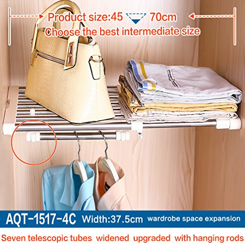 Hershii Closet Tension Shelf Expandable Telescopic Rod Heavy Duty Clothes Hanging Rail Adjustable DIY Storage Organizer Shoe Rack 7-Bar Extention for Garage Bathroom Kitchen Bedroom