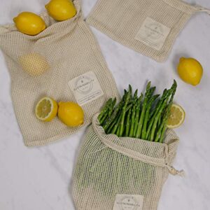 Reusable Produce Bags Organic Cotton | Home Essentials Sustainable Living, Washable Laundry, Travel Organizer, Zero Waste Biodegradable Drawstring Vegetable Mesh Grocery Bag | Set of 7 w/Tare Weights