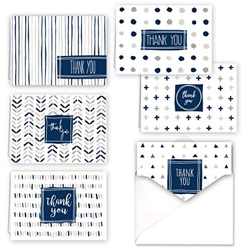 Navy Patterns Thank You Folded Assortment Card Pack - Set of 36 Cards, 6 Designs - 6 Cards per Design, 4 7/8'' x 3 1/2''. Blank Inside. Made in The USA. Blank White envelopes Included.