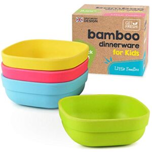 bamboo kids bowls, 4 pack set, stackable bamboo dinnerware for kids, bamboo fiber kids bowls set, dishwasher safe and stackable
