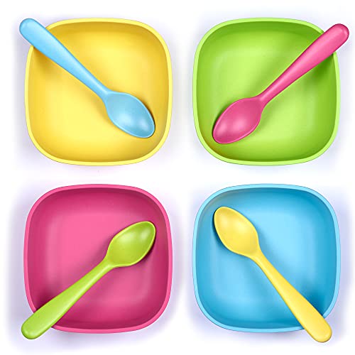 Bamboo Kids Bowls, 4 Pack Set, Stackable Bamboo Dinnerware for Kids, Bamboo Fiber Kids Bowls Set, Dishwasher Safe and Stackable