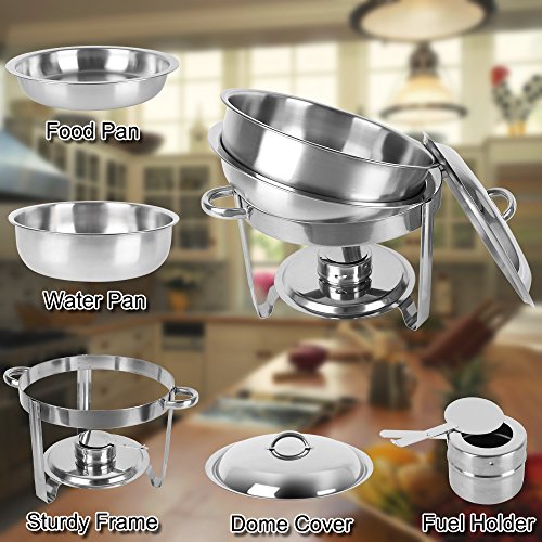 ROVSUN 5 Qt 4 Packed Full Size Stainless Steel Chafing Dish Buffet Set, Silver Round Catering Warmer Set with Food and Water Trays, Mirror Cover, Thick Stand Frame for Kitchen Party Banquet