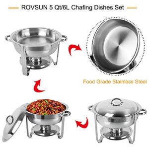 ROVSUN 5 Qt 4 Packed Full Size Stainless Steel Chafing Dish Buffet Set, Silver Round Catering Warmer Set with Food and Water Trays, Mirror Cover, Thick Stand Frame for Kitchen Party Banquet