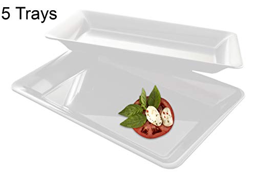 5 Rectangle White Plastic Trays Heavy Duty Plastic Serving Tray 10" x 14" Serving Platters Food Tray Decorative Serving Trays Wedding Platter Party Trays Great Disposable Serving Party Platters White