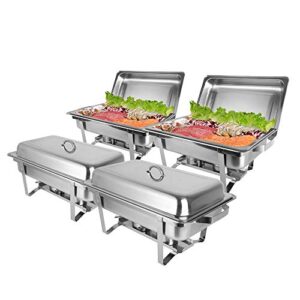 rovsun 8 qt 4 pack full size stainless steel chafing dishes buffet set, silver rectangular catering chafer warmer set with trays pan lid folding frame for kitchen party banquet dining