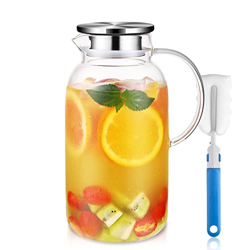 Glass Pitcher - Water Pitcher - Fridge Glass Pitcher with Lid Ice Tea Maker - 86OZ 18/8 Stainless Steel - Easy Clean Heat Resistant Borosilicate Glass Jug for Juice,Milk, Cold or Hot Beverages…