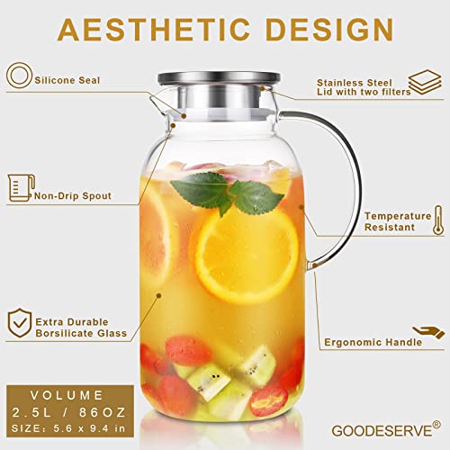 Glass Pitcher - Water Pitcher - Fridge Glass Pitcher with Lid Ice Tea Maker - 86OZ 18/8 Stainless Steel - Easy Clean Heat Resistant Borosilicate Glass Jug for Juice,Milk, Cold or Hot Beverages…